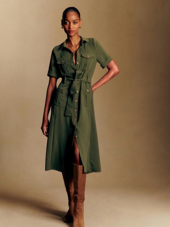 Sezane Dresses & Skirts - Sezane Raquel Olive Green Button-Front Midi Shirt Dress. Size 38 (6)
